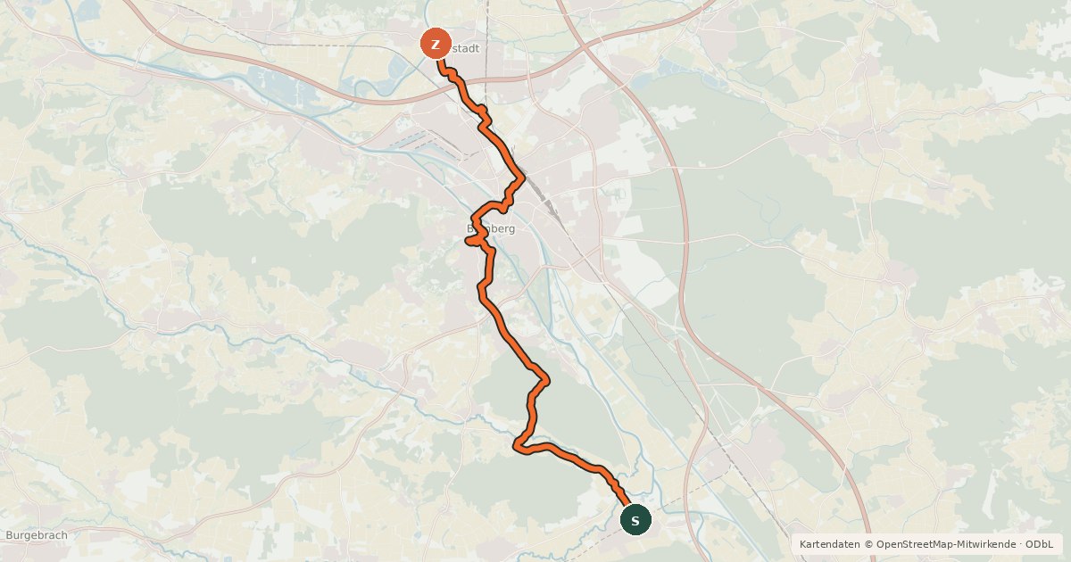 Kartenübersicht der Radroute Brauereien- und Bierkellertour Variante Hallstadt - Bamberg - Pettstadt