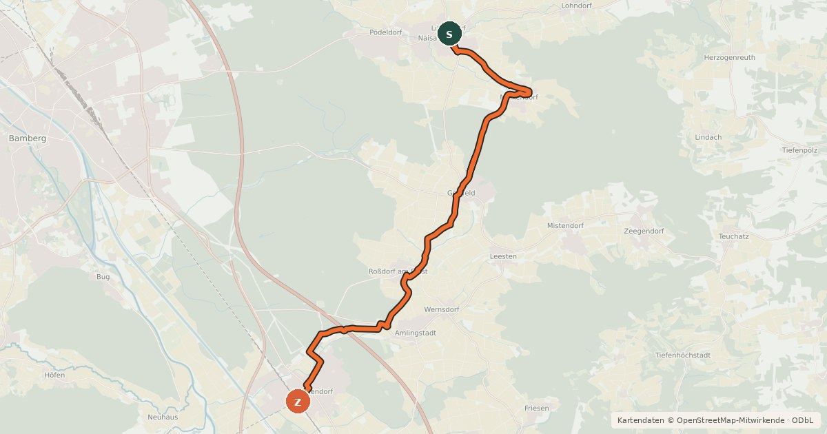 Kartenübersicht der Radroute Brauereien- und Bierkellertour Variante Litzendorf - Geisfeld - Strullendorf
