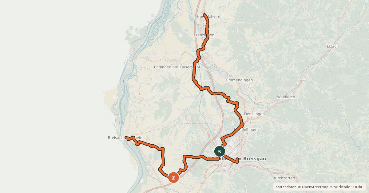 Kartenübersicht der Radroute Breisgau-Radwanderweg