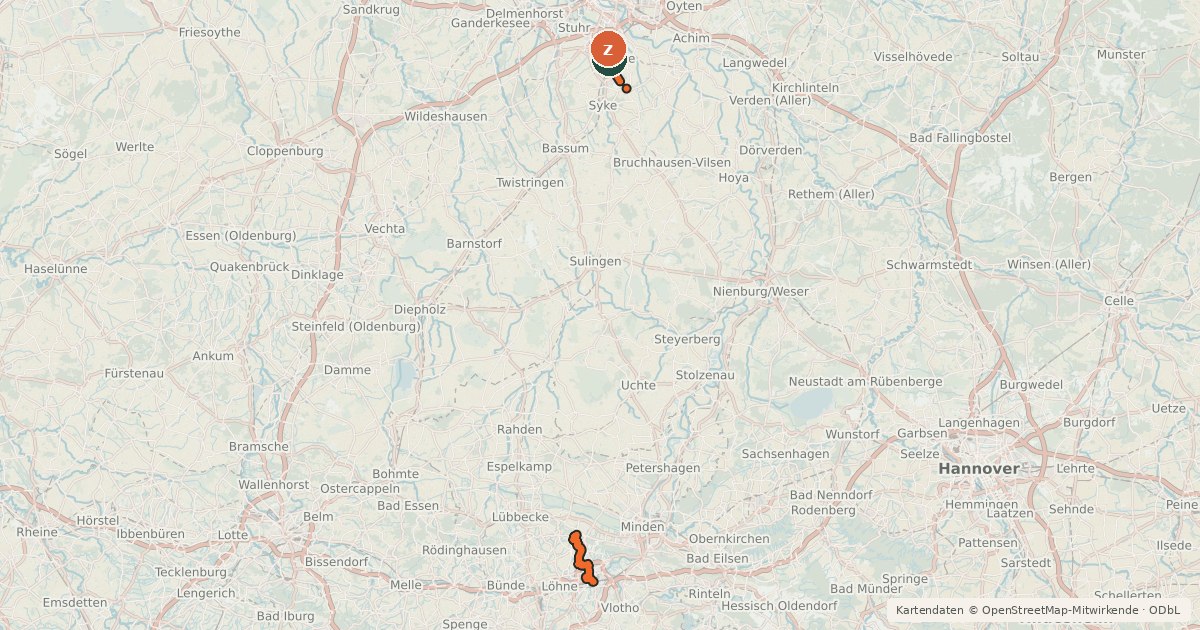 Kartenübersicht der Radroute Bremen - Bad Oeynhausen