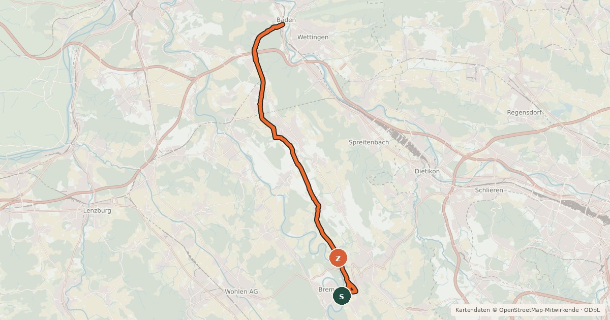 Kartenübersicht der Radroute Bremgarten - Fislisbach - Baden