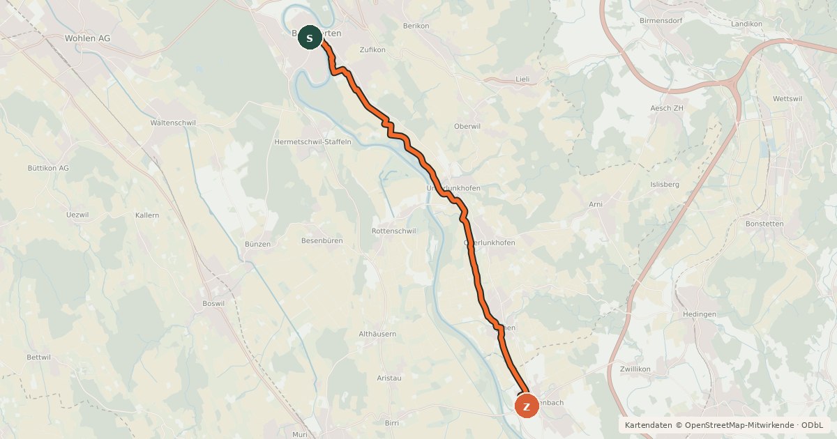 Kartenübersicht der Radroute Bremgarten - Ottenbach