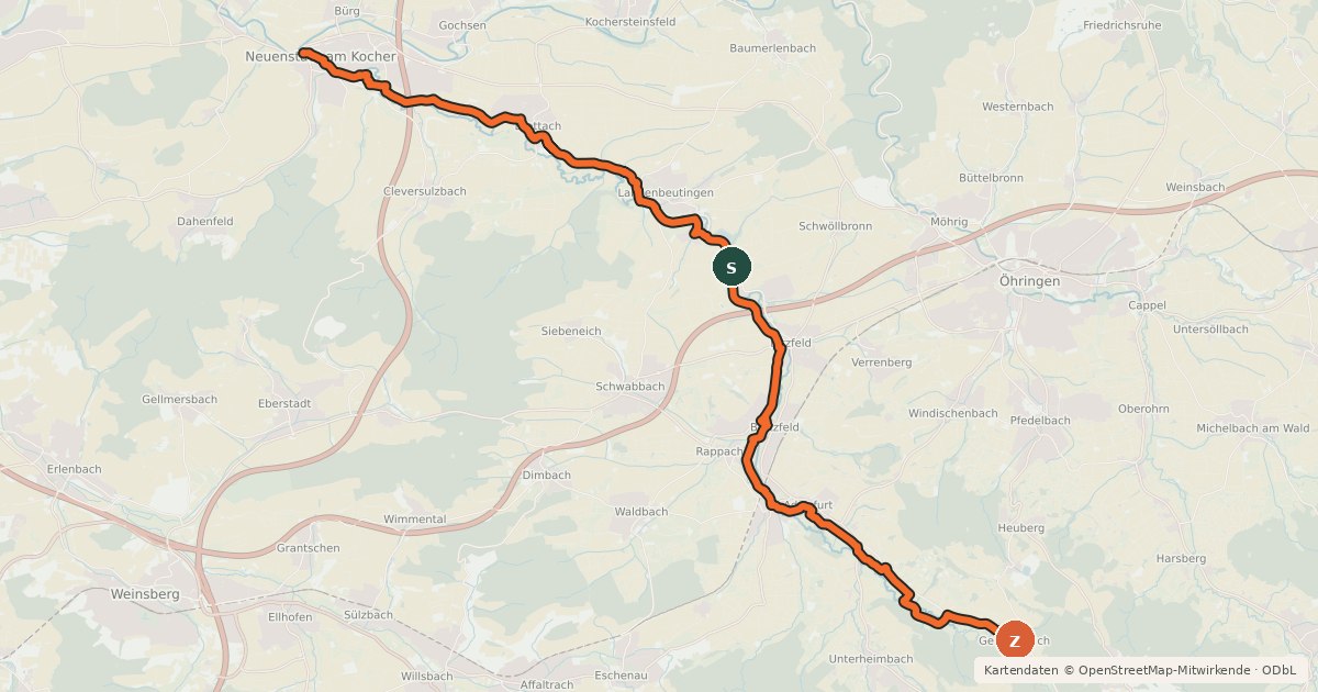Kartenübersicht der Radroute Brettachtalradweg