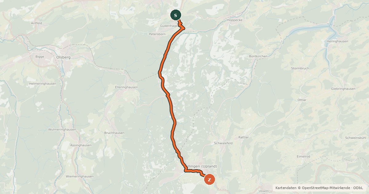 Kartenübersicht der Radroute Brilon-Camping/Ferienpark - Willingen (Upland)