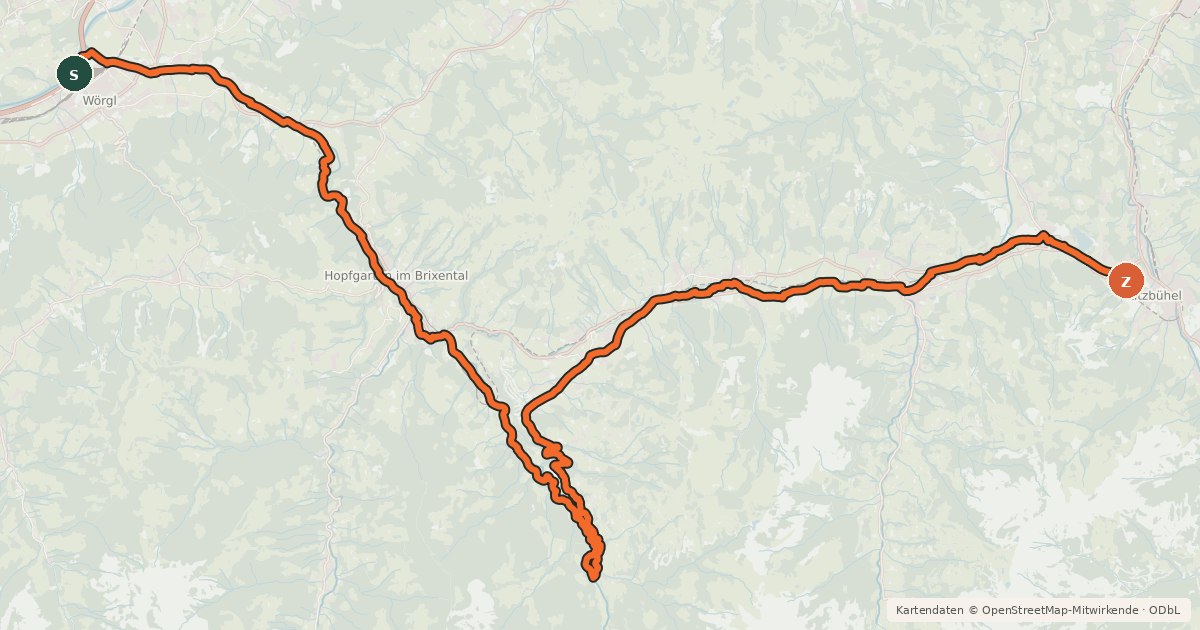Kartenübersicht der Radroute Brixental