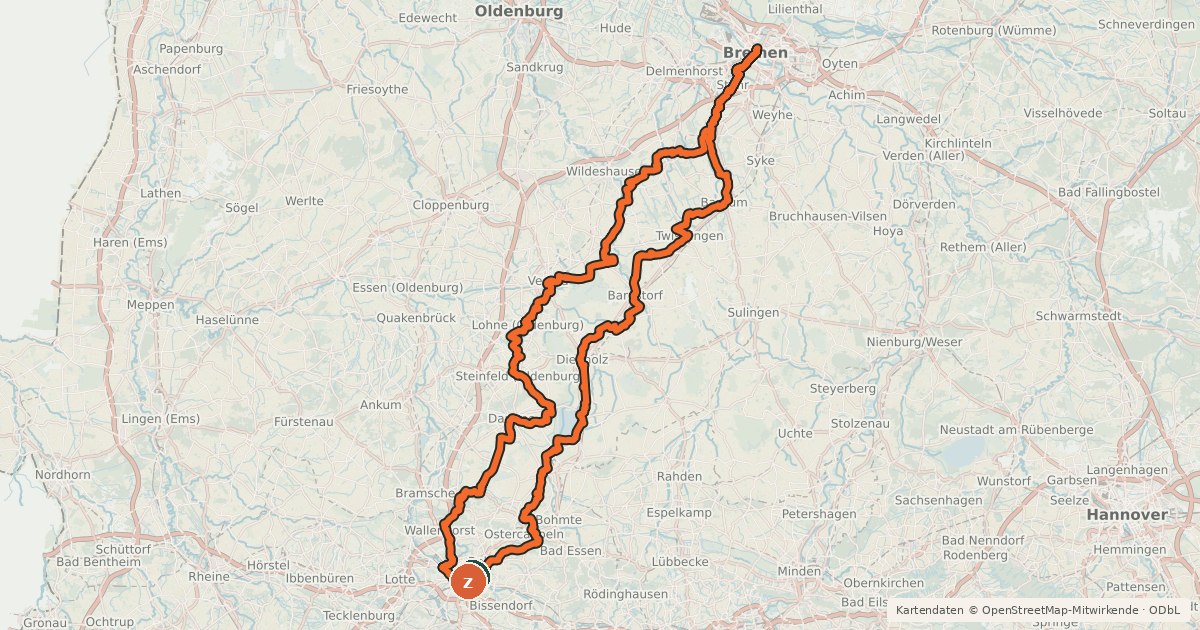 Kartenübersicht der Radroute Brückenradweg Westroute