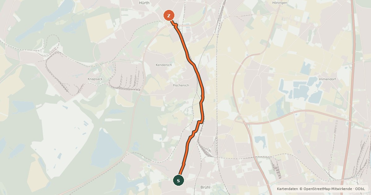 Kartenübersicht der Radroute Brühl (66) - Hürth (71)