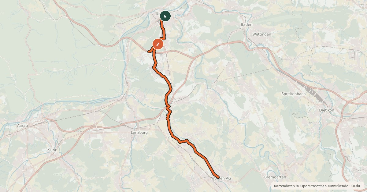 Kartenübersicht der Radroute Brugg-Othmarsingen-Wohlen