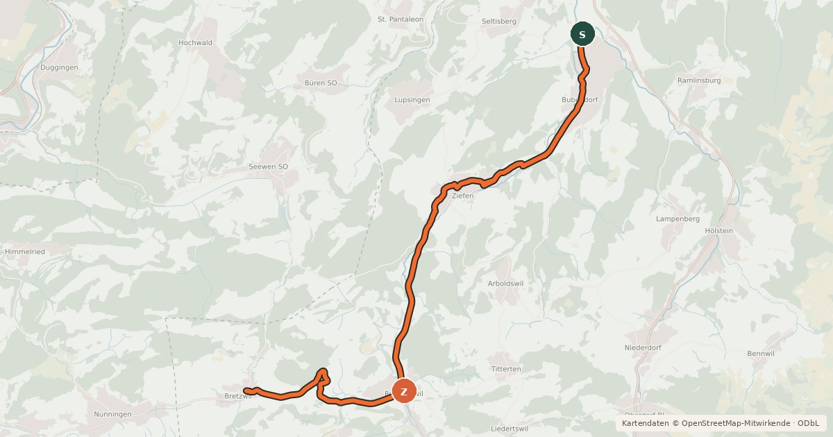 Kartenübersicht der Radroute Bubendorf-Reigoldswil-Bretzwil