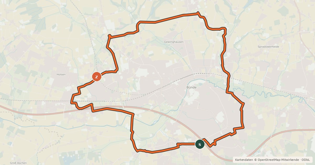 Kartenübersicht der Radroute Bünde Ring 2