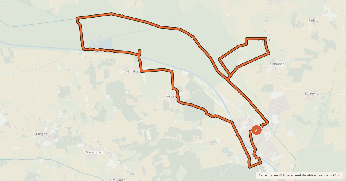 Kartenübersicht der Radroute Calvörder Sieben-Brücken-Tour