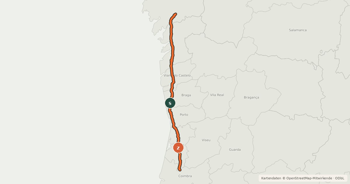 Kartenübersicht der Radroute Caminho Português de Santiago