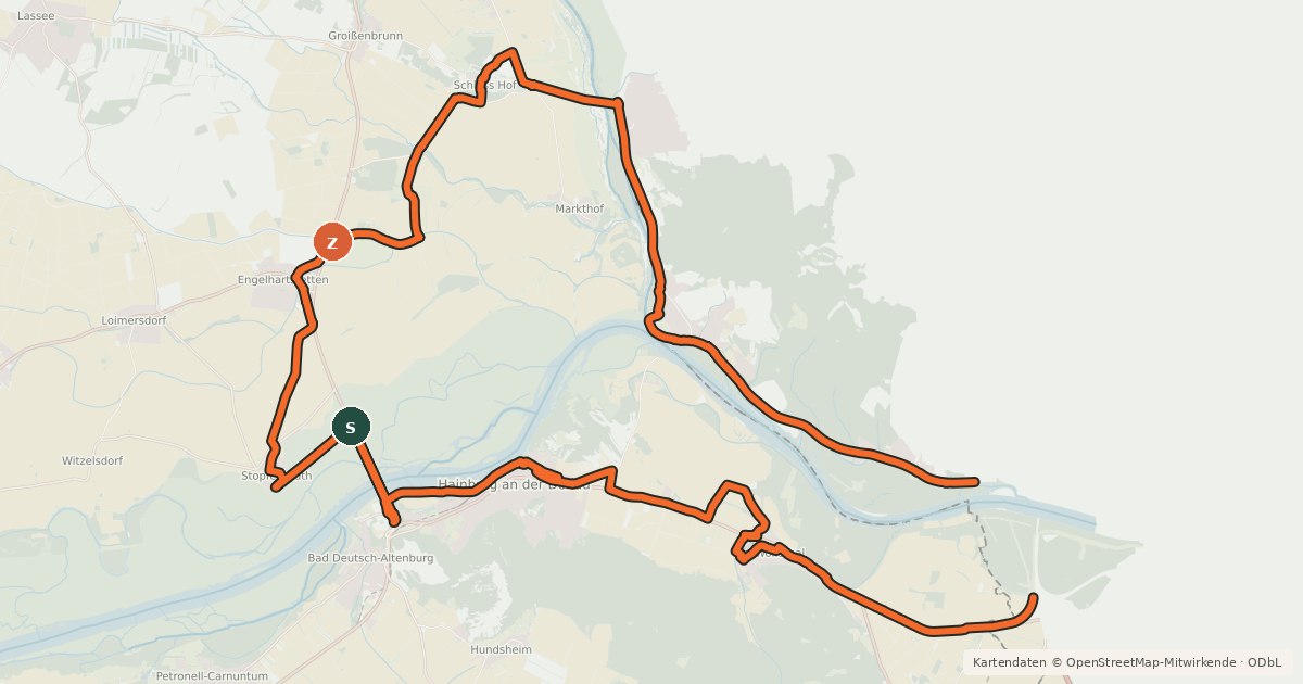 Kartenübersicht der Radroute Carnuntum - Schloss Hof - Bratislava Tour