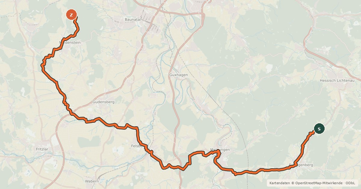Kartenübersicht der Radroute Chattengau-Fulda-Weg