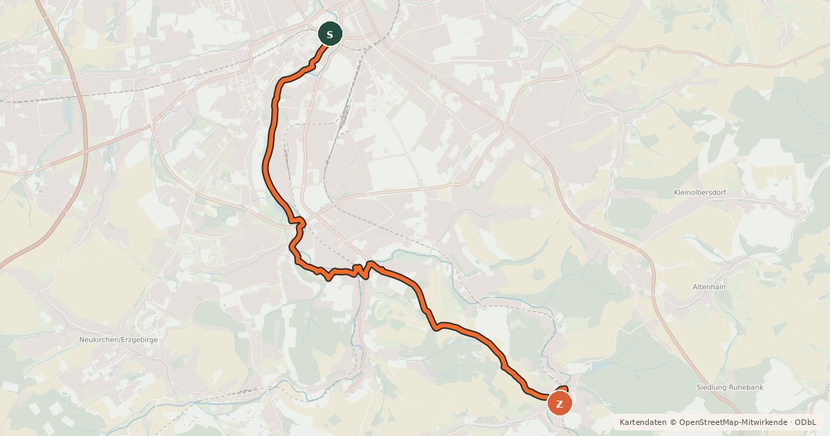 Kartenübersicht der Radroute Chemnitz - Radroute Bayreuth/Zittau