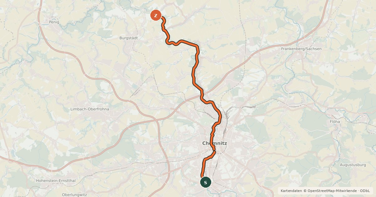 Kartenübersicht der Radroute Chemnitztalradweg