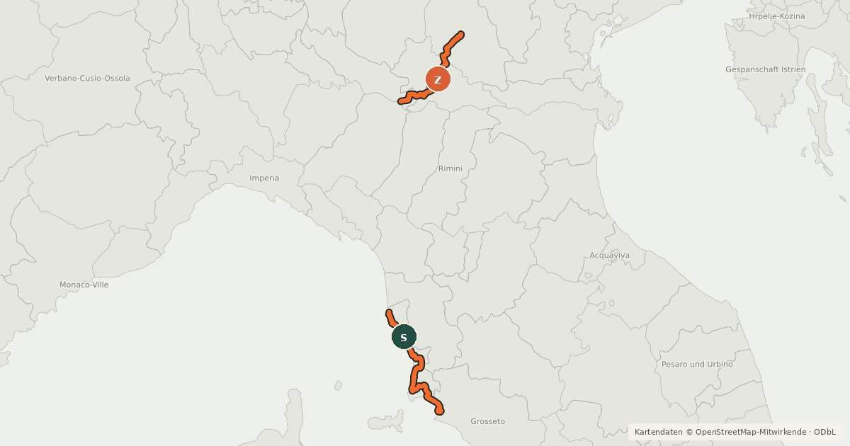 Kartenübersicht der Radroute Ciclovia TiBre dolce