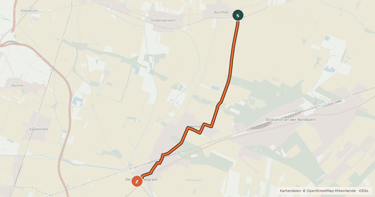 Kartenübersicht der Radroute City-Route Deutsch-Wagram - Bockfließ