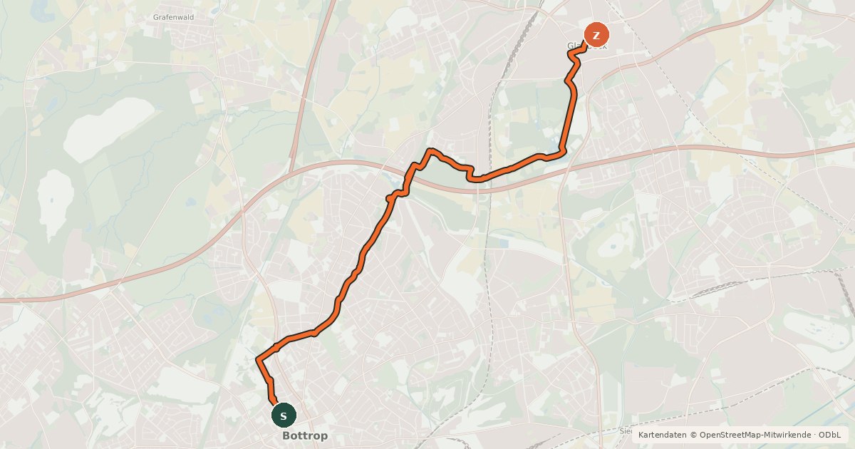 Kartenübersicht der Radroute City-Trail Bottrop-Gladbeck