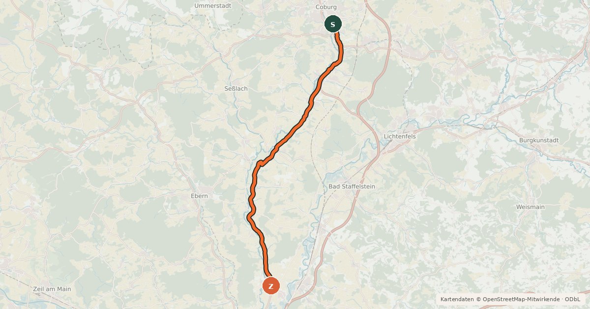 Kartenübersicht der Radroute Coburg-Bamberg