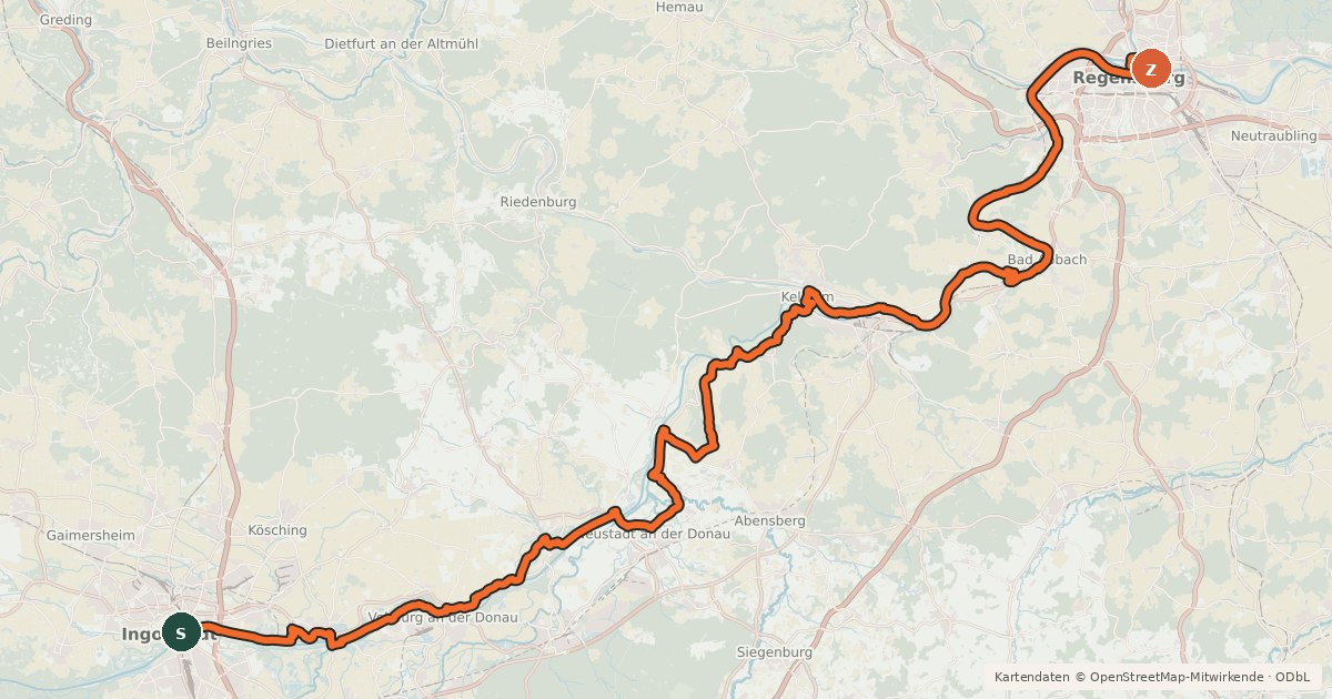 Kartenübersicht der Radroute D-Route 6 - Donauroute [Ingolstadt - Regensburg]