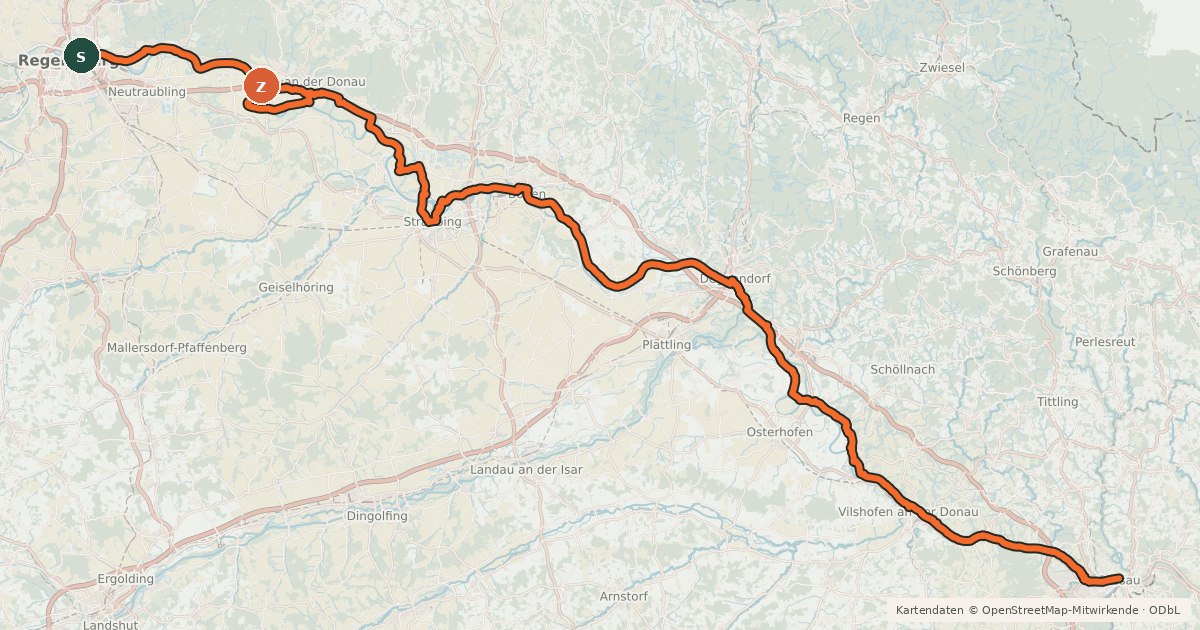 Kartenübersicht der Radroute D-Route 6 - Donauroute [Regensburg - Passau]