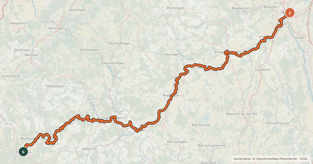 Kartenübersicht der Radroute D-Route 6 - Donauroute [Tuttlingen - Ulm]