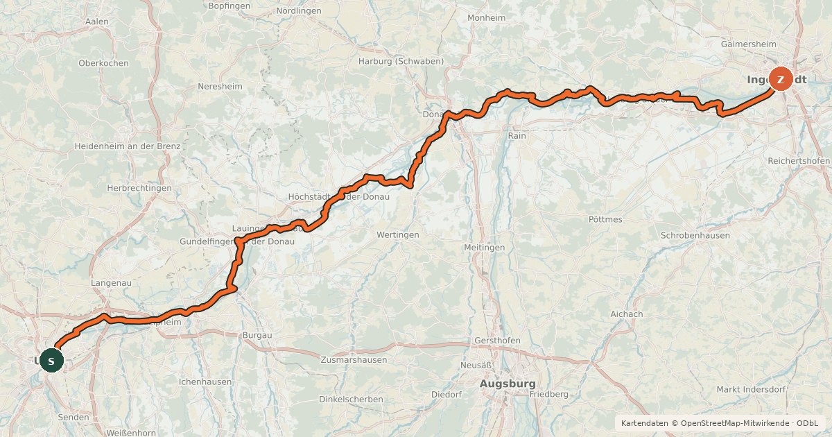 Kartenübersicht der Radroute D-Route 6 - Donauroute [Ulm - Ingolstadt]