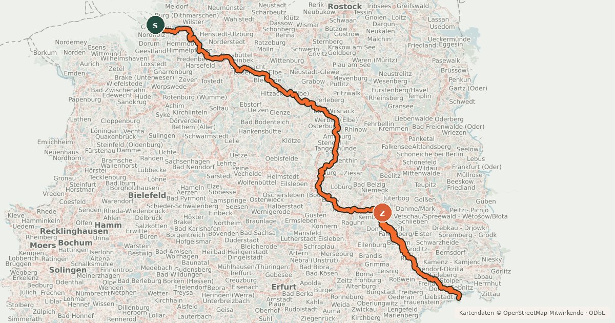 Kartenübersicht der Radroute [D10] Elberadweg linkselbisch [Abschnitt A]