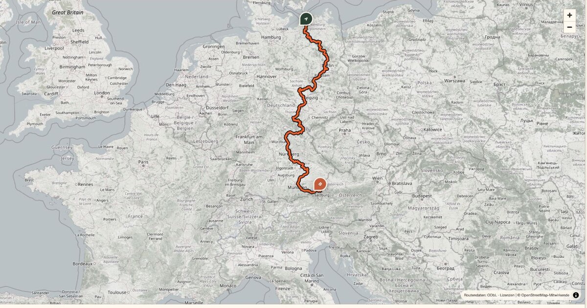 Kartenübersicht der Radroute Ostsee–Oberbayern D11 von Rostock bis Freilassing