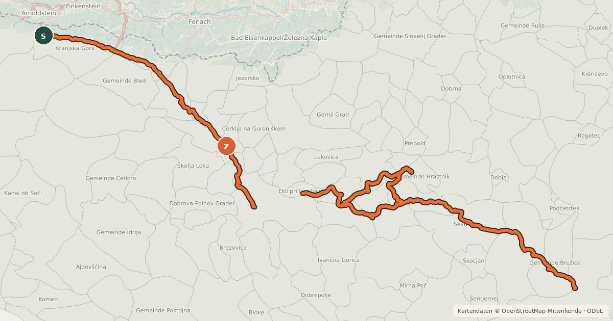 Kartenübersicht der Radroute D2 Rateče-Jesenice-Kranj-Ljubljana-Trbovlje-Brežice-državna meja (Savska kolesarska pot)