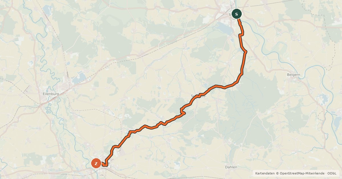 Kartenübersicht der Radroute Dahlener-Heide-Radroute