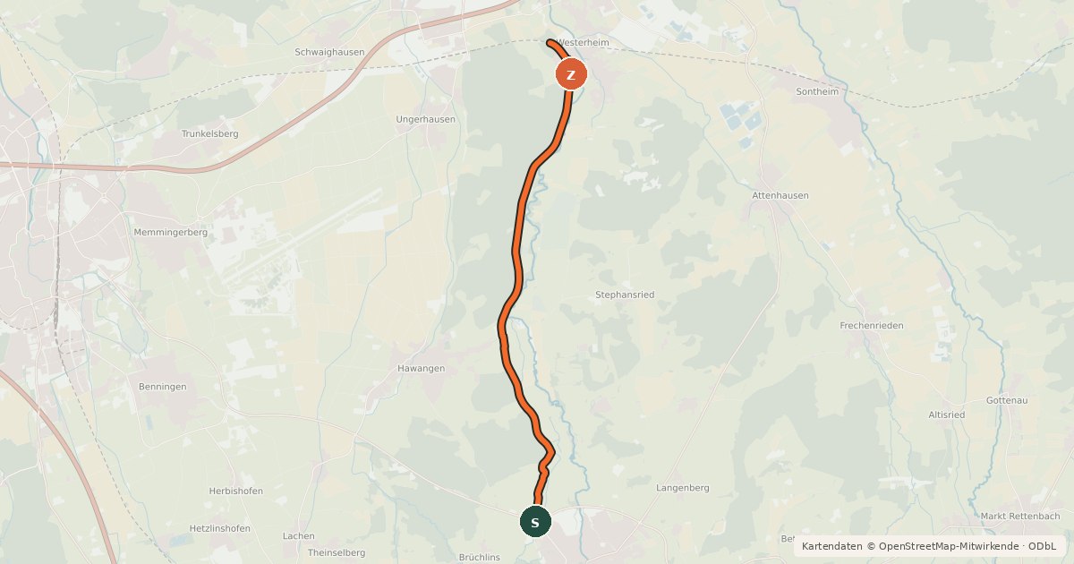 Kartenübersicht der Radroute DB-Günztal-Radweg