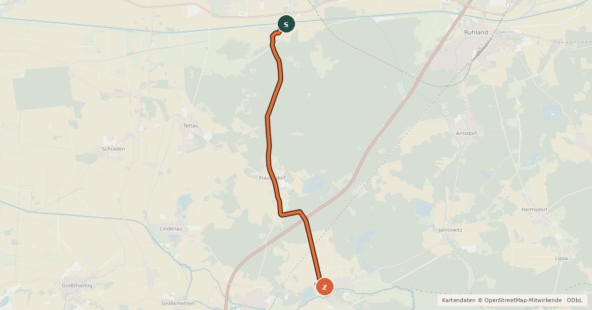 Kartenübersicht der Radroute Die Ruhlander Heide-Tour - Kroppen - Bärhaus