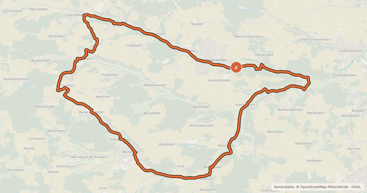 Kartenübersicht der Radroute Dietenhofen, Bibert und Nördliche Frankenhöhe