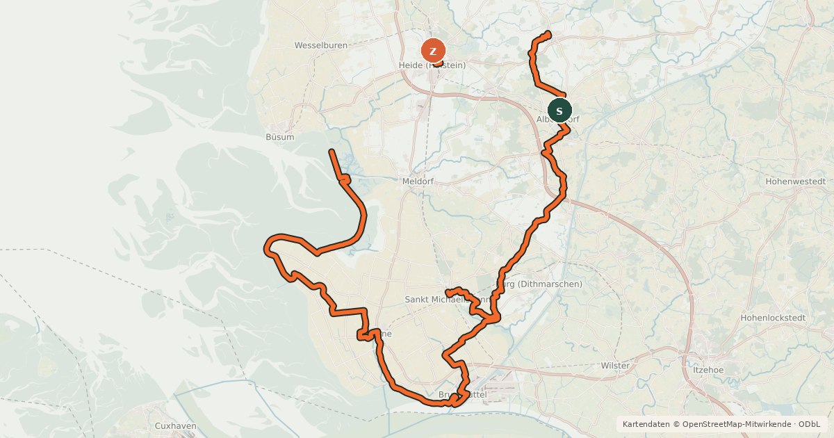 Kartenübersicht der Radroute Dithmarschen-Route