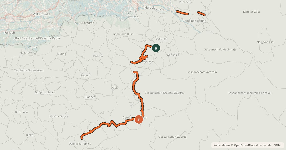 Kartenübersicht der Radroute Dobrovnik-Murska Sobota-Ptuj-Rogaška Slatina-Podčetrtek-Brežice-Novo mesto-Črnomelj-Metlika (Zdraviliščna kolesarska pot)