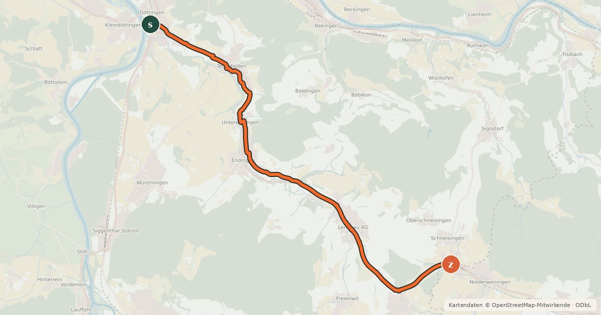 Kartenübersicht der Radroute Döttingen-Schneisingen