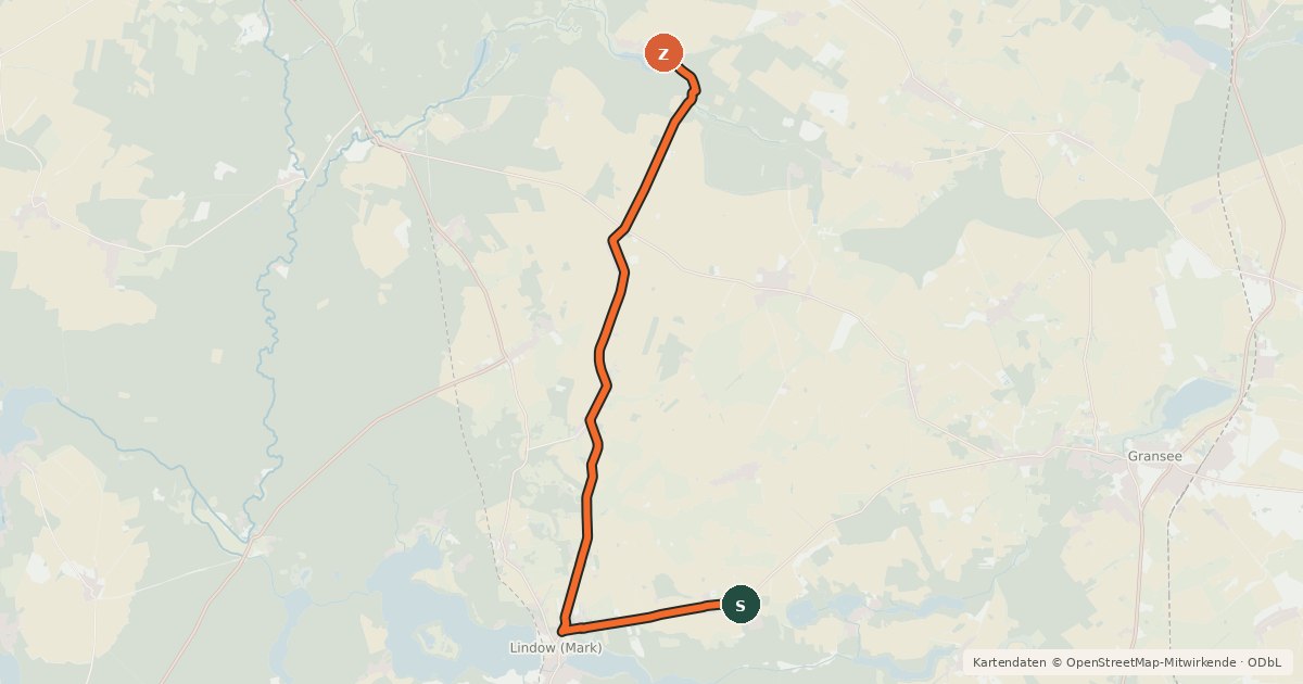 Kartenübersicht der Radroute Dollgow (35) - Lindow (40)
