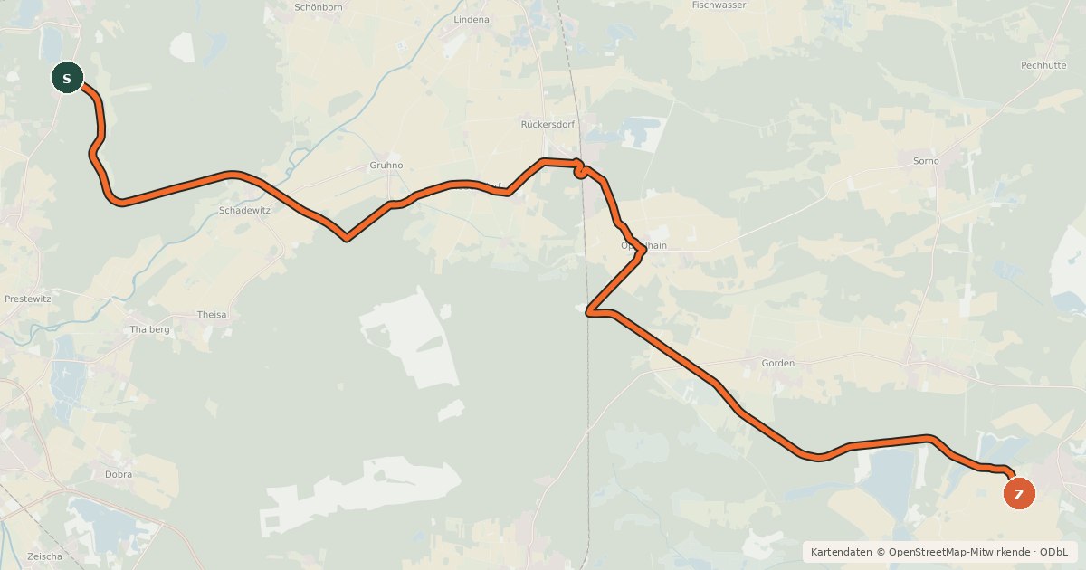 Kartenübersicht der Radroute Domsdorf-Grünewalde