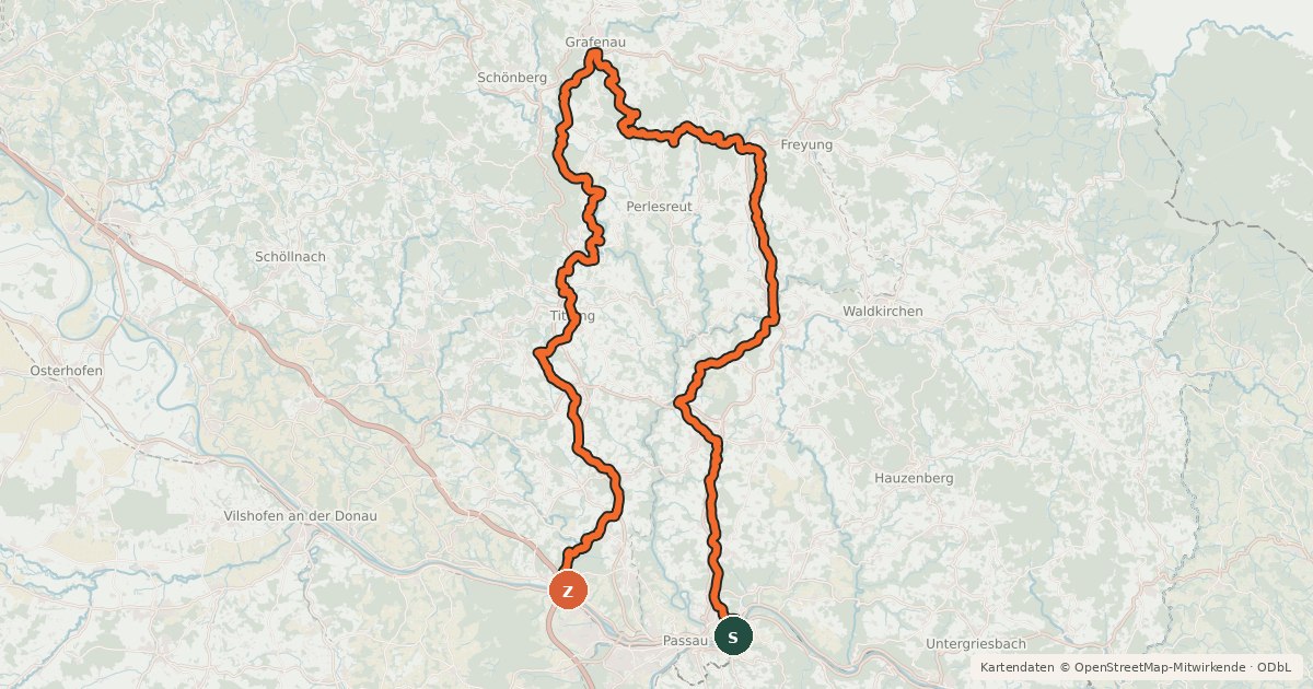 Kartenübersicht der Radroute Donau-Bayerwald-Route
