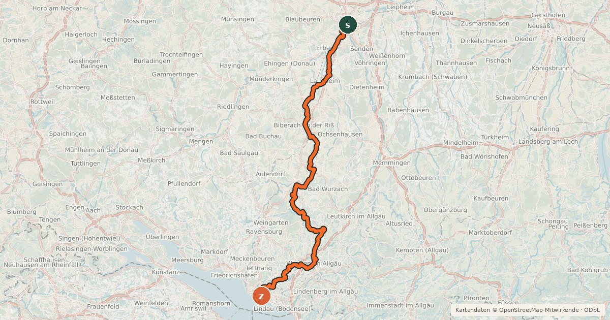 Kartenübersicht der Radroute Donau-Bodensee-Radweg