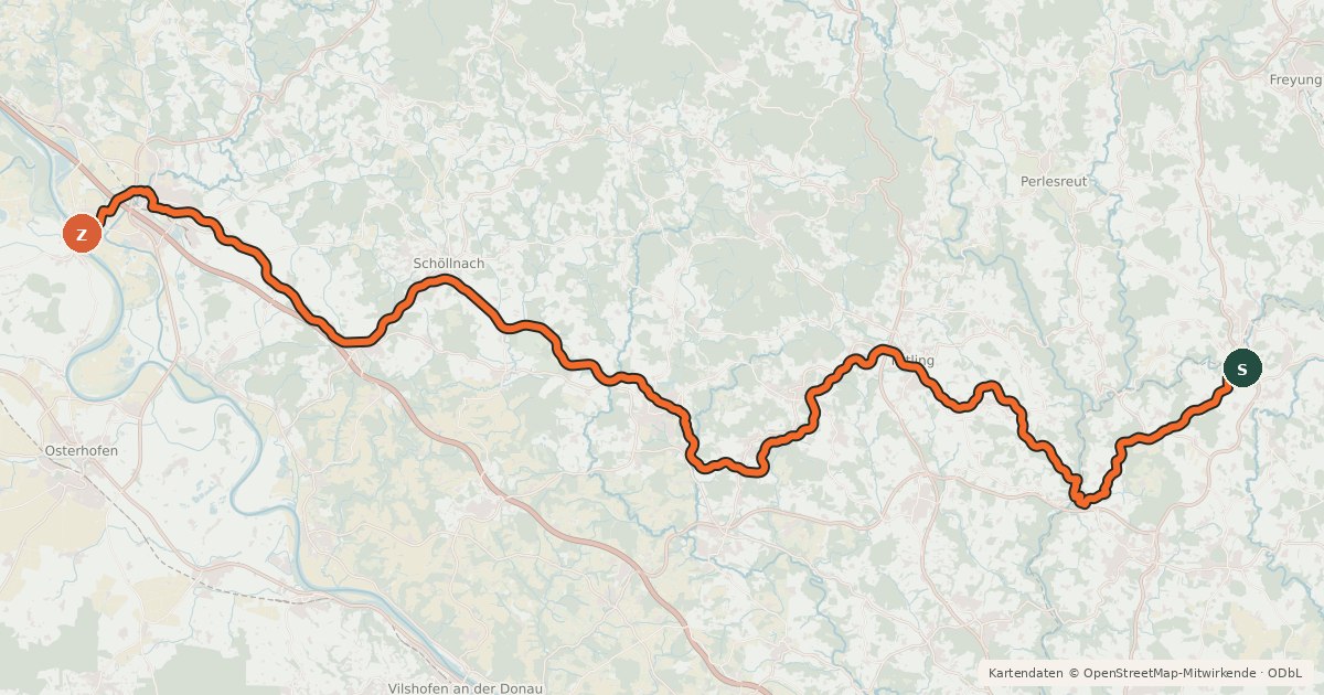 Kartenübersicht der Radroute Donau-Ilz-Radweg