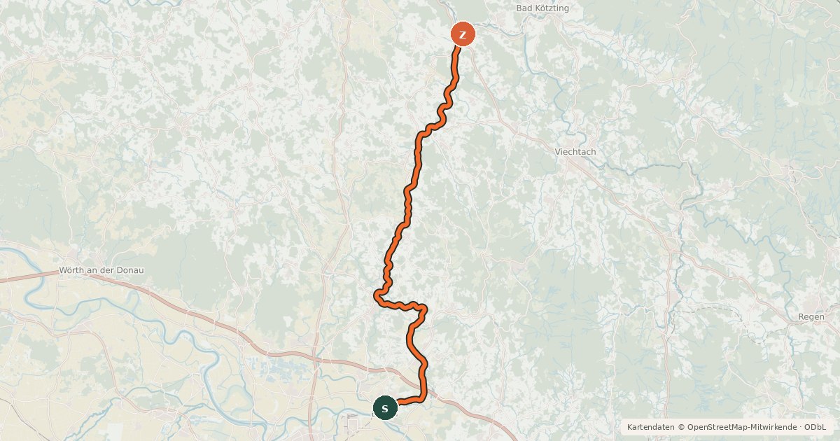 Kartenübersicht der Radroute Donau-Regen-Radweg