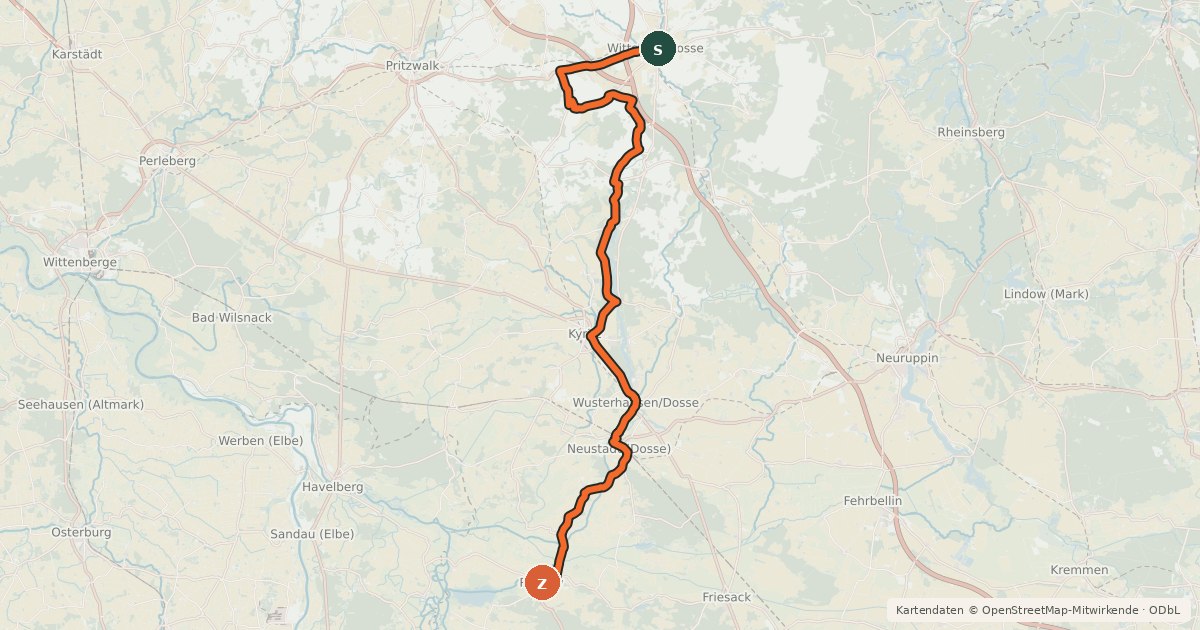 Kartenübersicht der Radroute Dosse-Städte-Tour