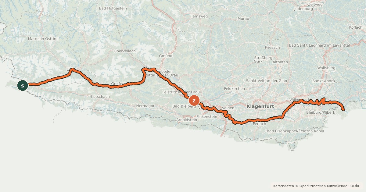 Kartenübersicht der Radroute Drauradweg – Teil 1 (Oberdrauburg – Möllbrücke)