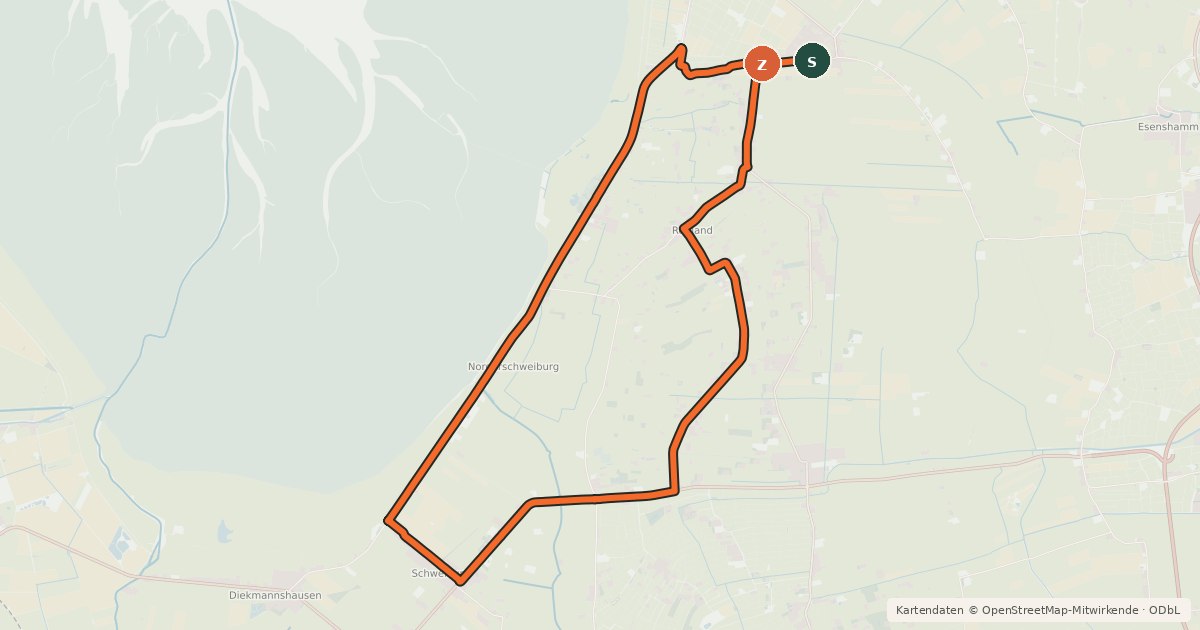 Kartenübersicht der Radroute Drei Milch-Ku(h)l-Tour - Route 1 – Gemeinden Stadland und Jade