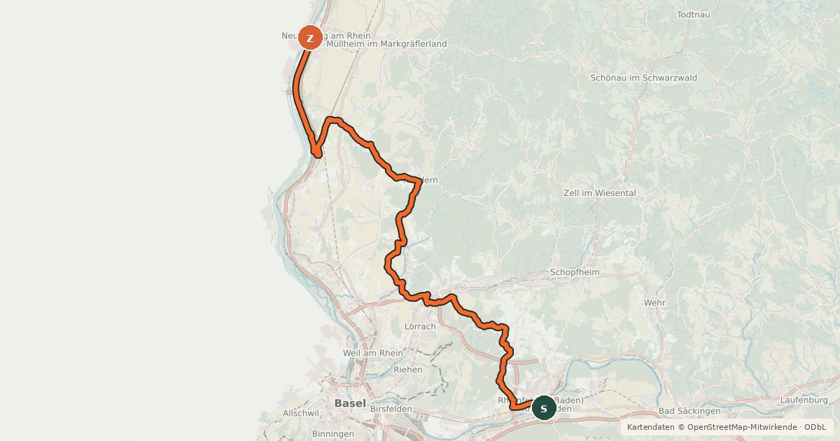 Kartenübersicht der Radroute Dreiland-Radweg (deutscher Abschnitt)