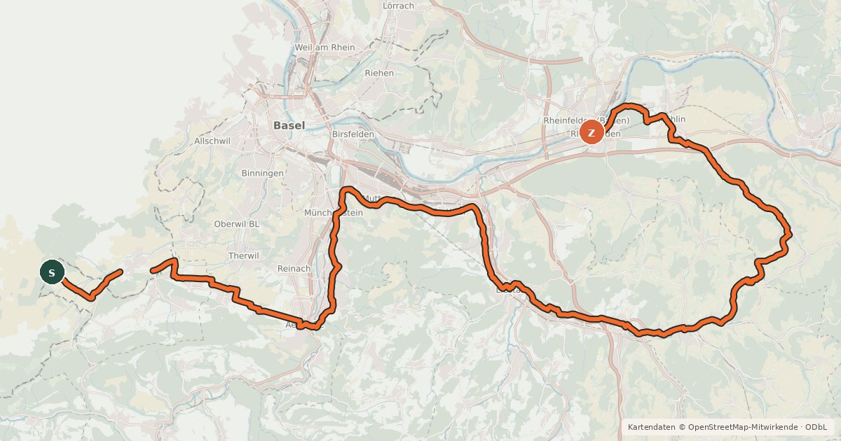Kartenübersicht der Radroute Dreiland-Radweg (schweizer Abschnitt)
