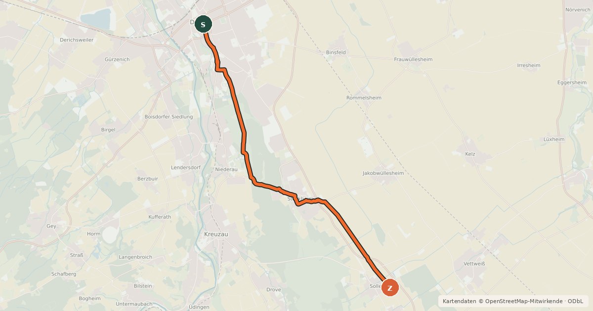 Kartenübersicht der Radroute Düren (05) - Vettweiß (81)
